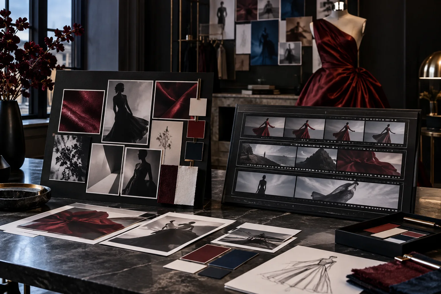 Fashion campaign studio with mannequin, moodboard and cinematic storyboard frames