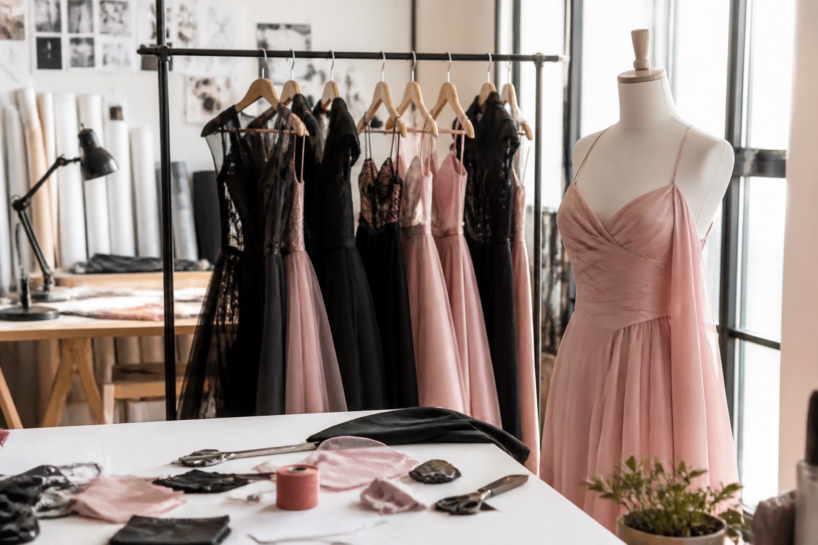 Inside the atelier — black and pink dresses from the collections on a wooden rail
